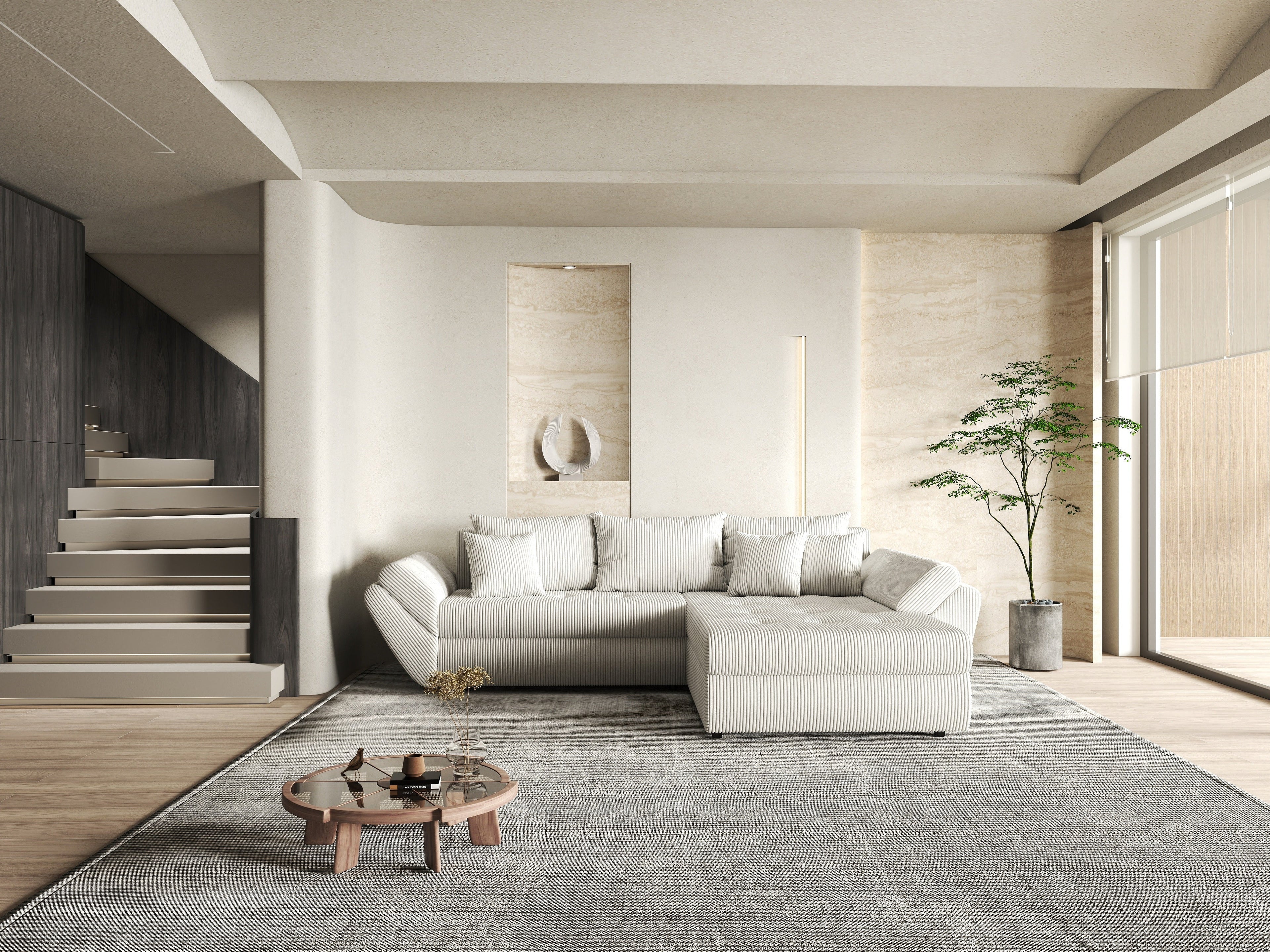 Colțar extensibil dumonde cu ladă de depozitare si sezut confortabil din spuma high-density, Loana Zoom Crem II 270x185 cm
