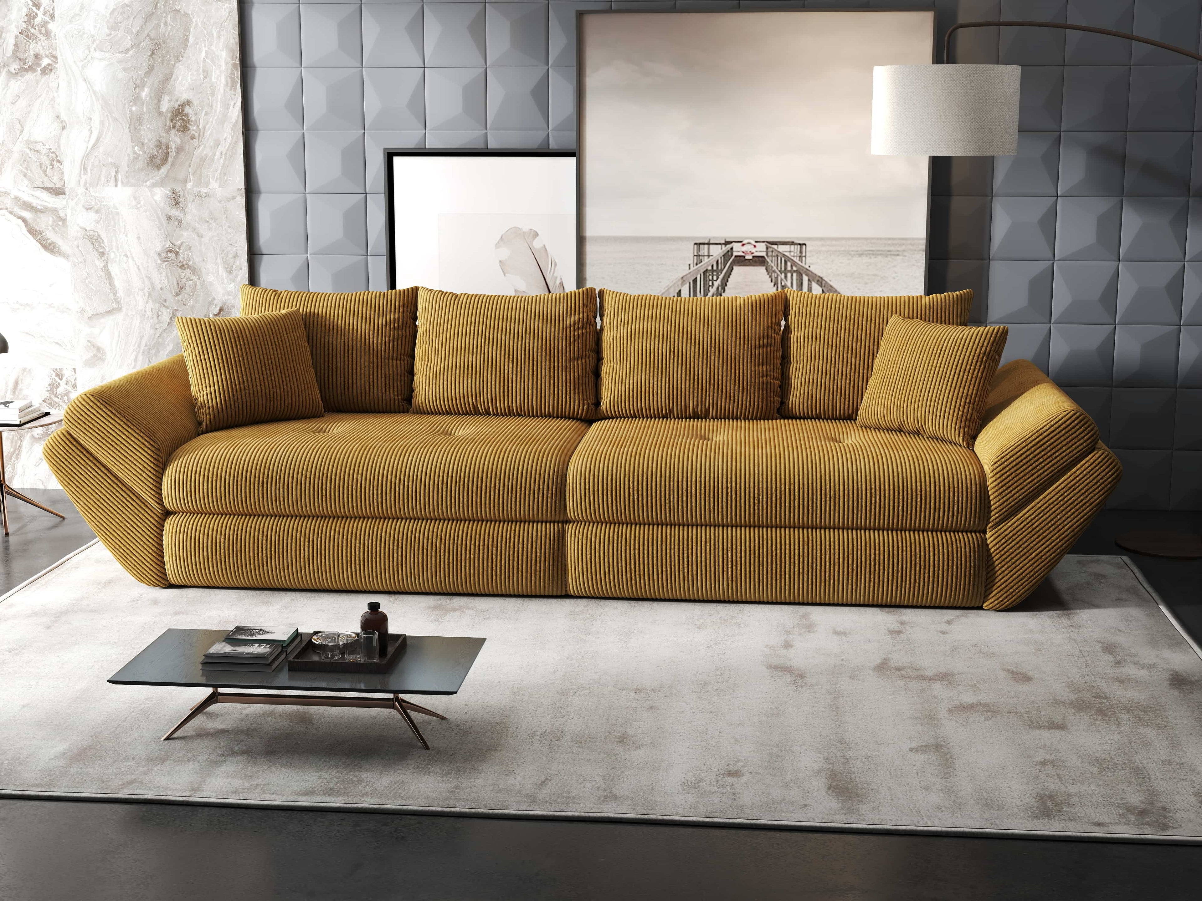 Canapea extensibilă dumonde cu ladă de depozitare si sezut confortabil din spuma high-density, Loana Zoom Mustar 300x100 cm