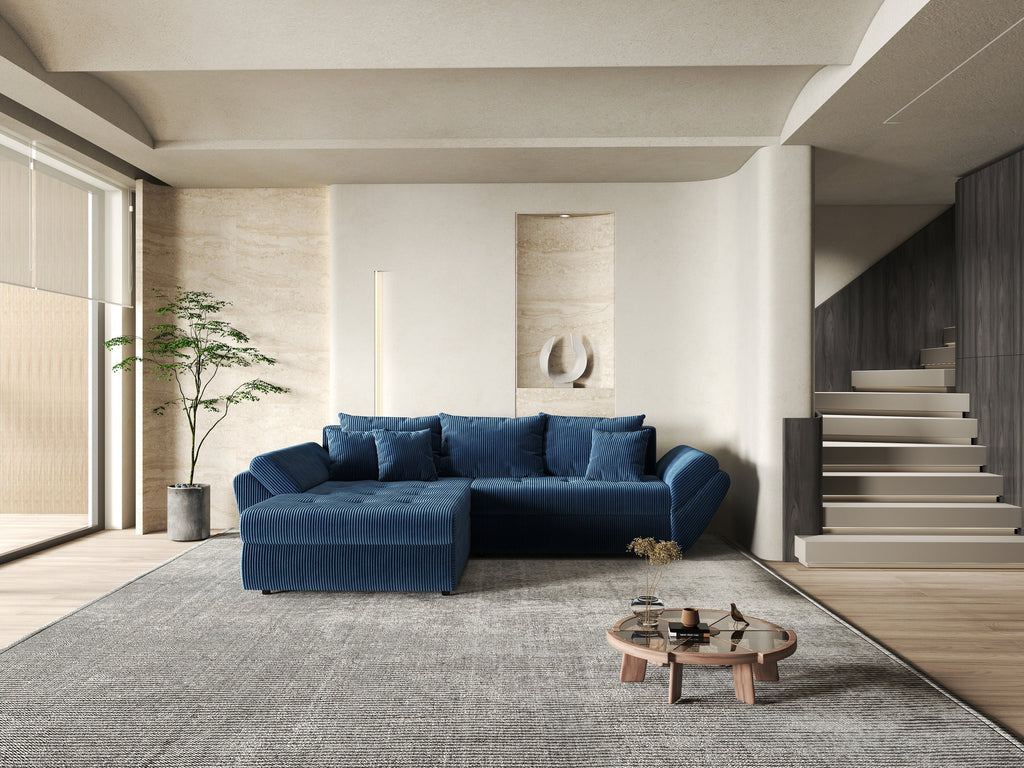 Colțar extensibil dumonde cu ladă de depozitare si sezut confortabil din spuma high-density, Loana Zoom Blue 270x185 cm