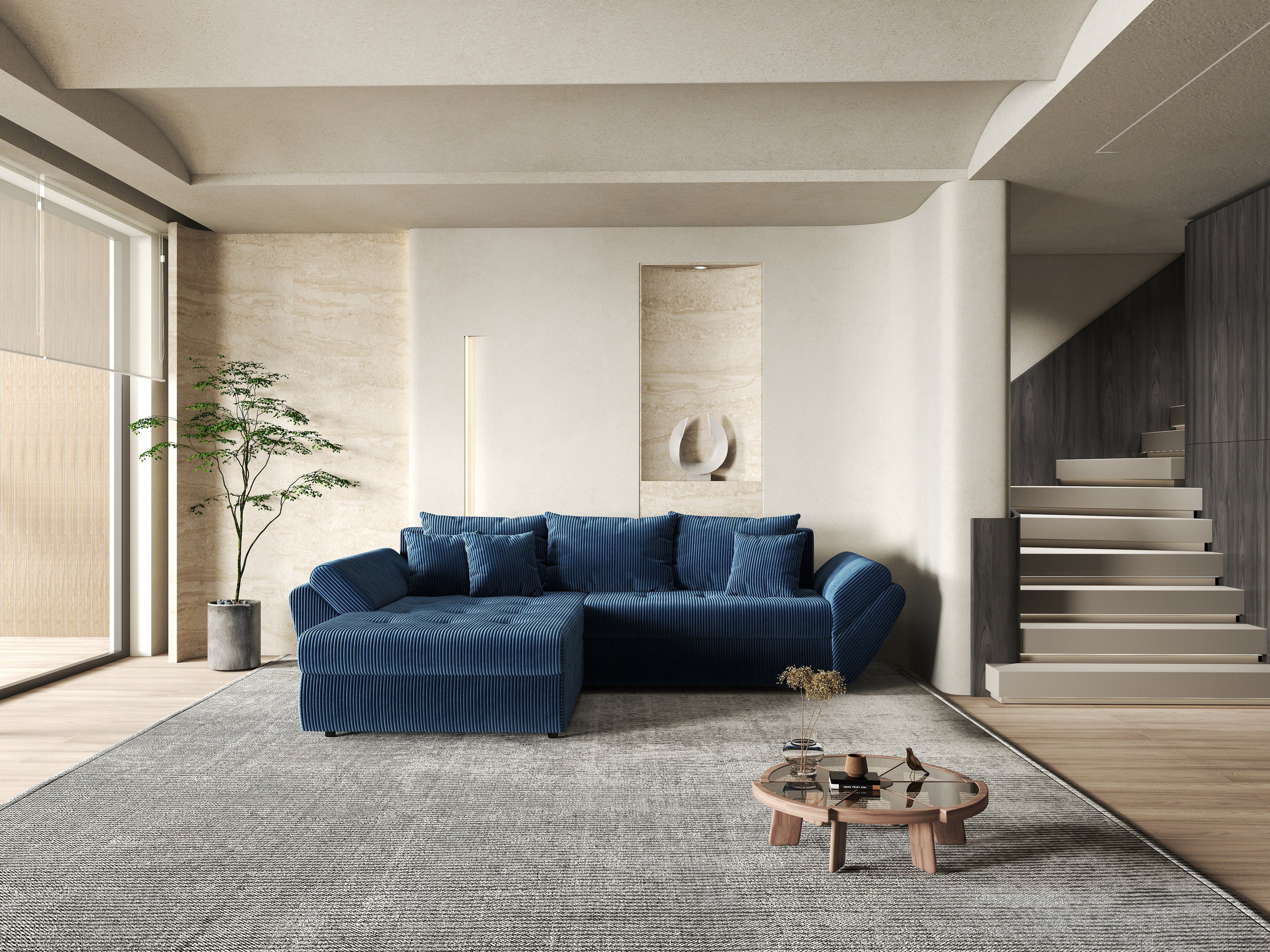 Colțar extensibil dumonde cu ladă de depozitare si sezut confortabil din spuma high-density, Loana Zoom Blue 270x185 cm
