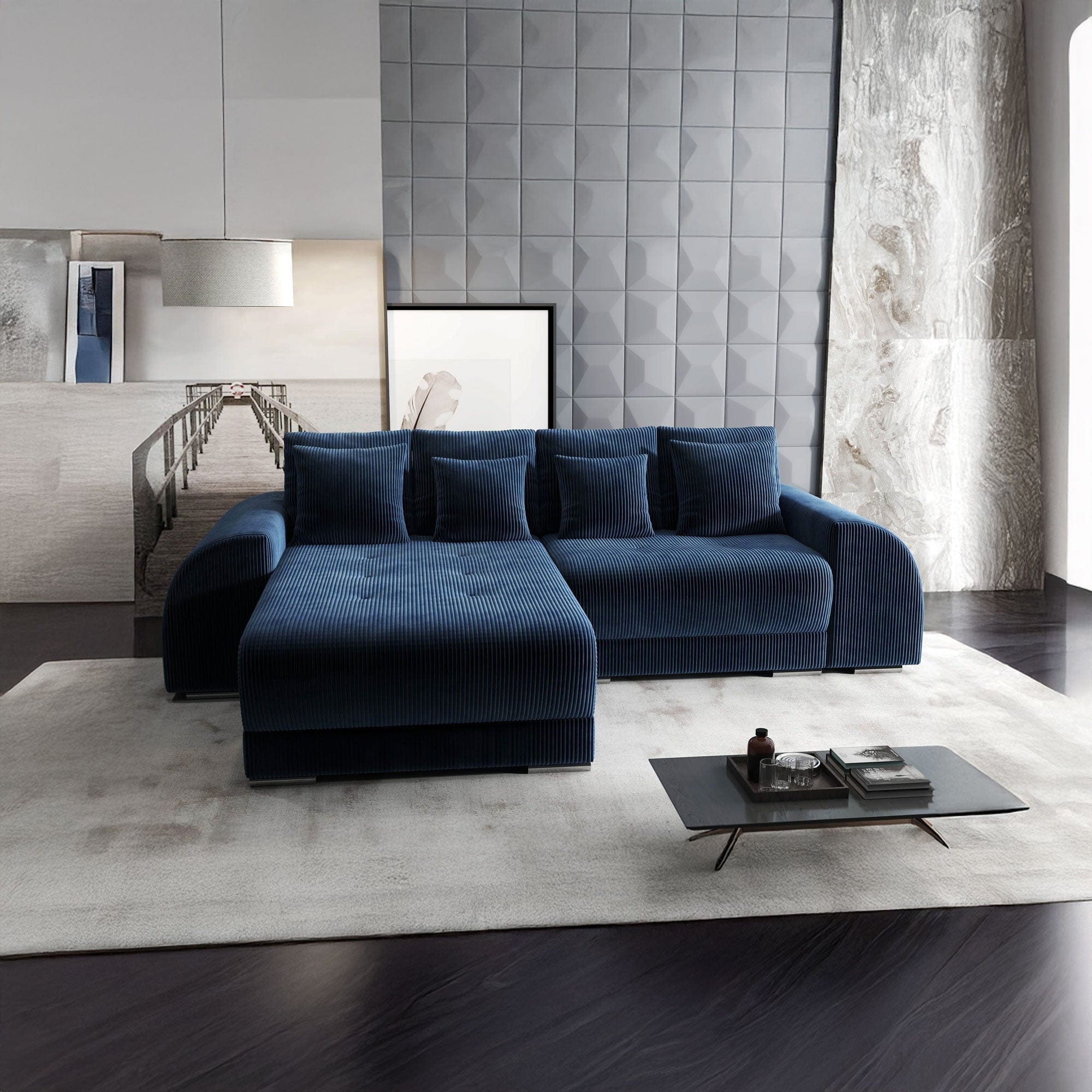 Colțar extensibil dumonde cu ladă de depozitare si sezut confortabil din spuma high-density, Verona Zoom Albastru 290x185 cm