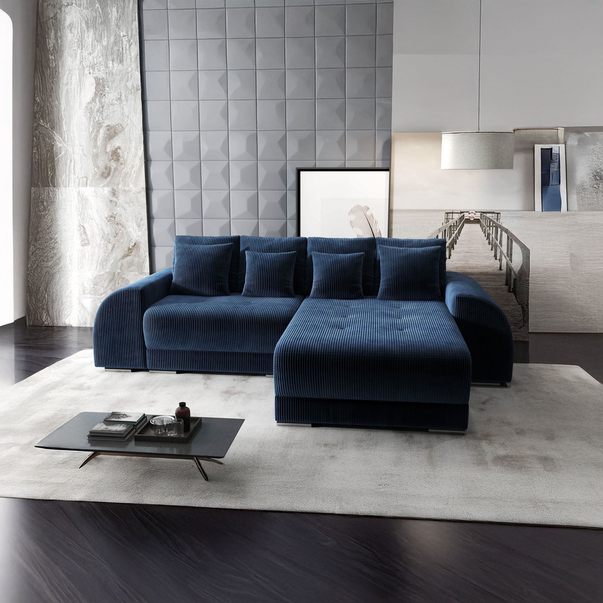 Colțar extensibil dumonde cu ladă de depozitare si sezut confortabil din spuma high-density, Verona Zoom Albastru II 290x185 cm