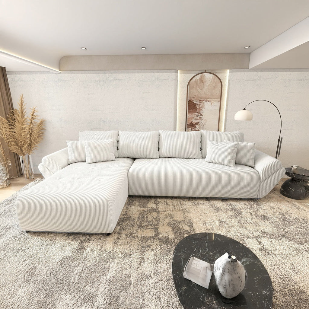 Colțar extensibil dumonde cu ladă de depozitare si sezut confortabil din spuma high-density, Berlin XL Zoom Crem 350x185 cm