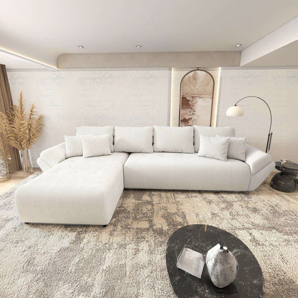 Colțar extensibil dumonde cu ladă de depozitare si sezut confortabil din spuma high-density, Berlin XL Zoom Crem 350x185 cm