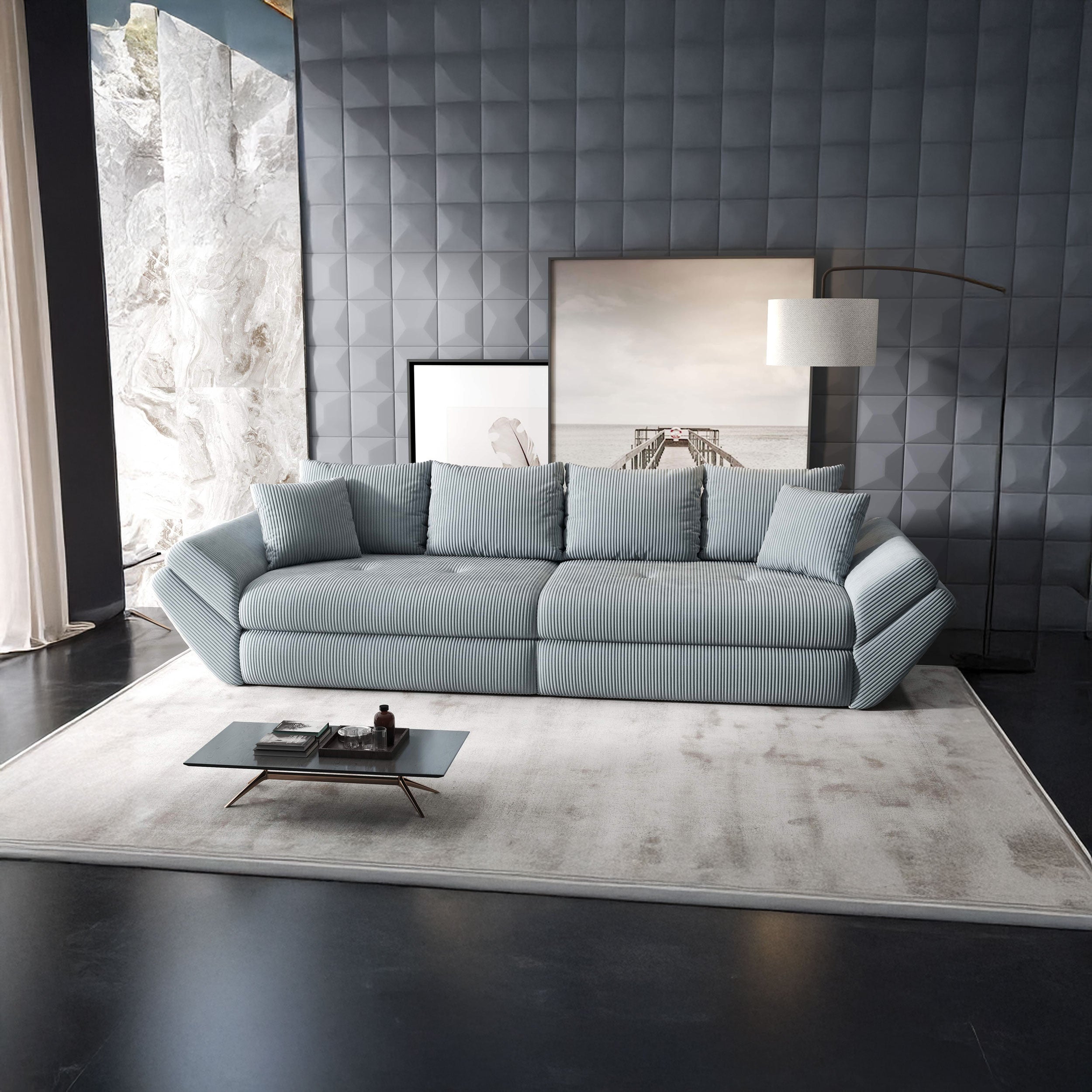 Canapea extensibilă dumonde cu ladă de depozitare si sezut confortabil din spuma high-density, Loana Zoom Gri 300x100 cm