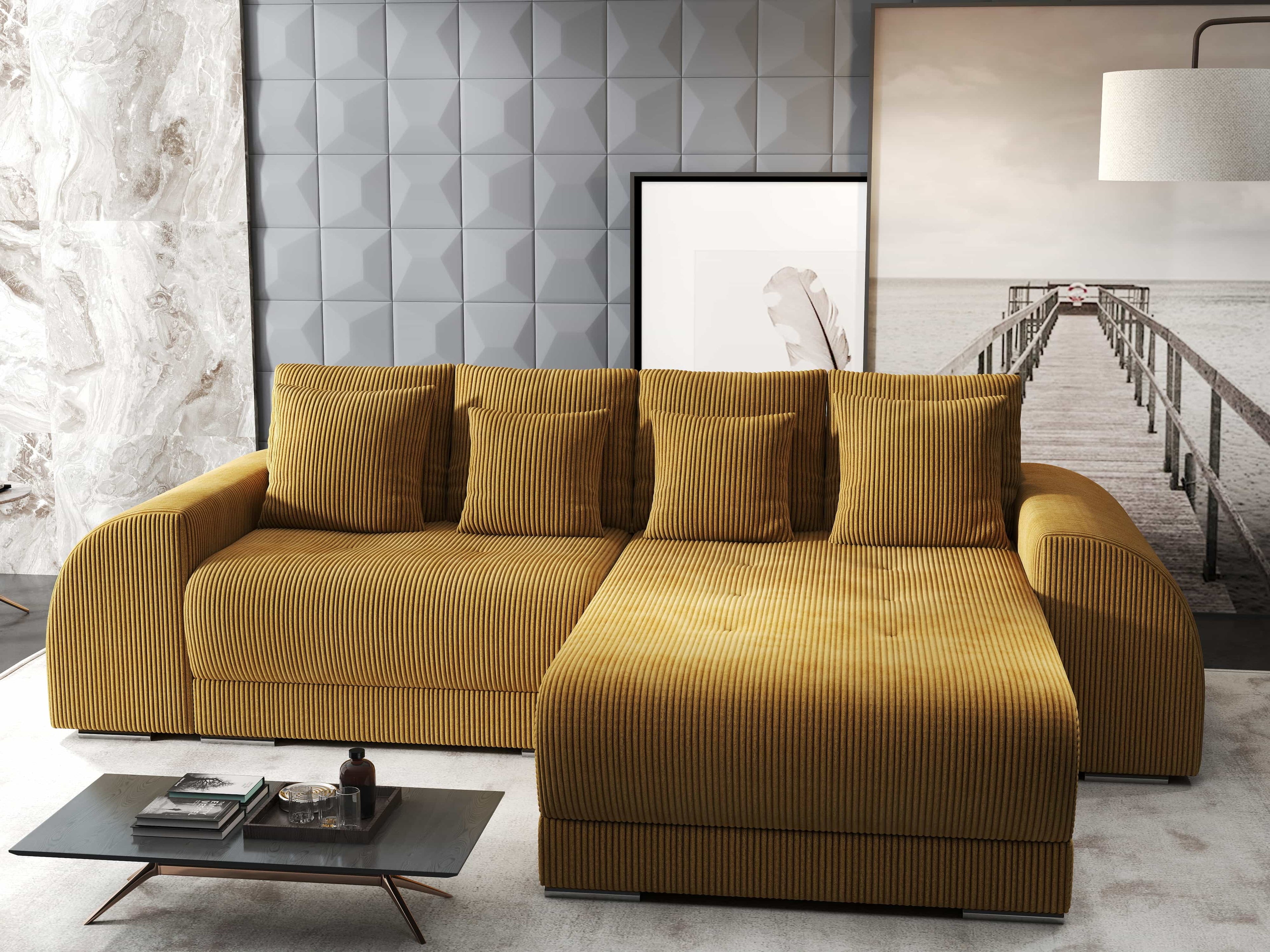 Colțar extensibil dumonde cu ladă de depozitare si sezut confortabil din spuma high-density, Verona Zoom Mustar II 290x185 cm