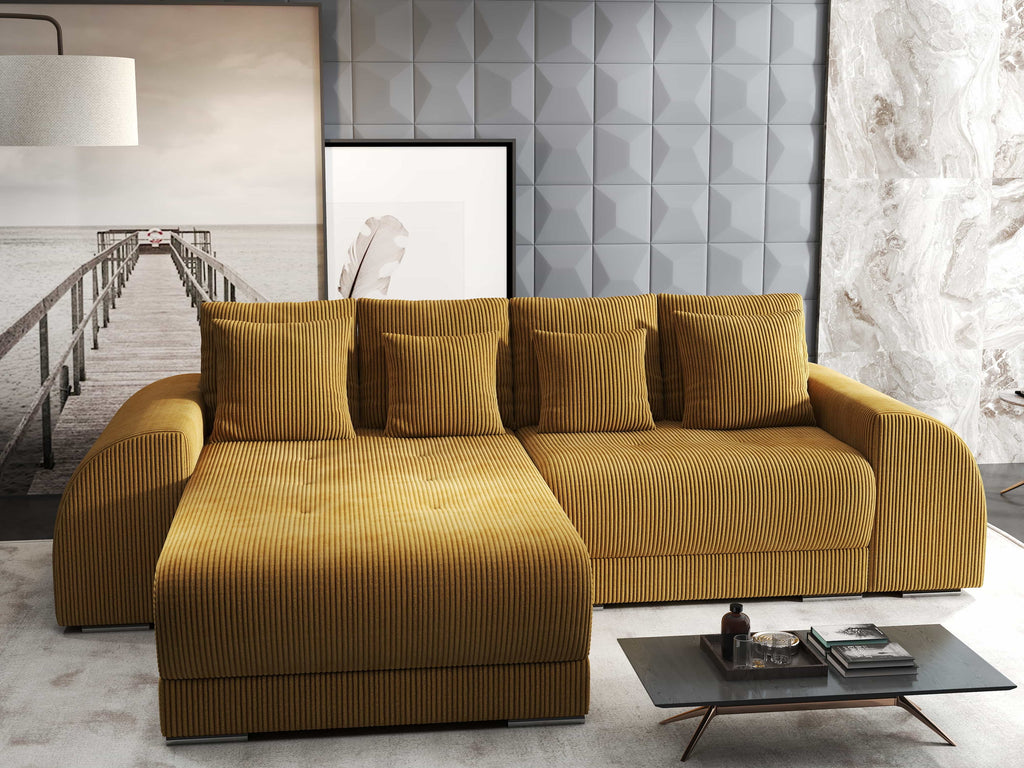 Colțar extensibil dumonde cu ladă de depozitare si sezut confortabil din spuma high-density, Verona Zoom Mustar 290x185 cm