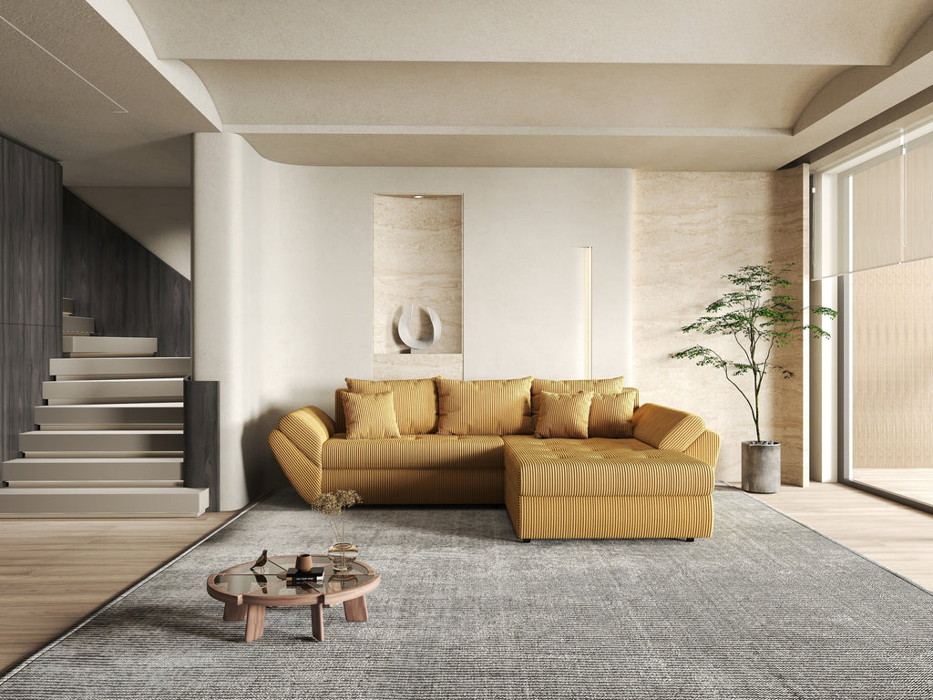 Colțar extensibil dumonde cu ladă de depozitare si sezut confortabil din spuma high-density, Loana Zoom Mustar II 270x185 cm