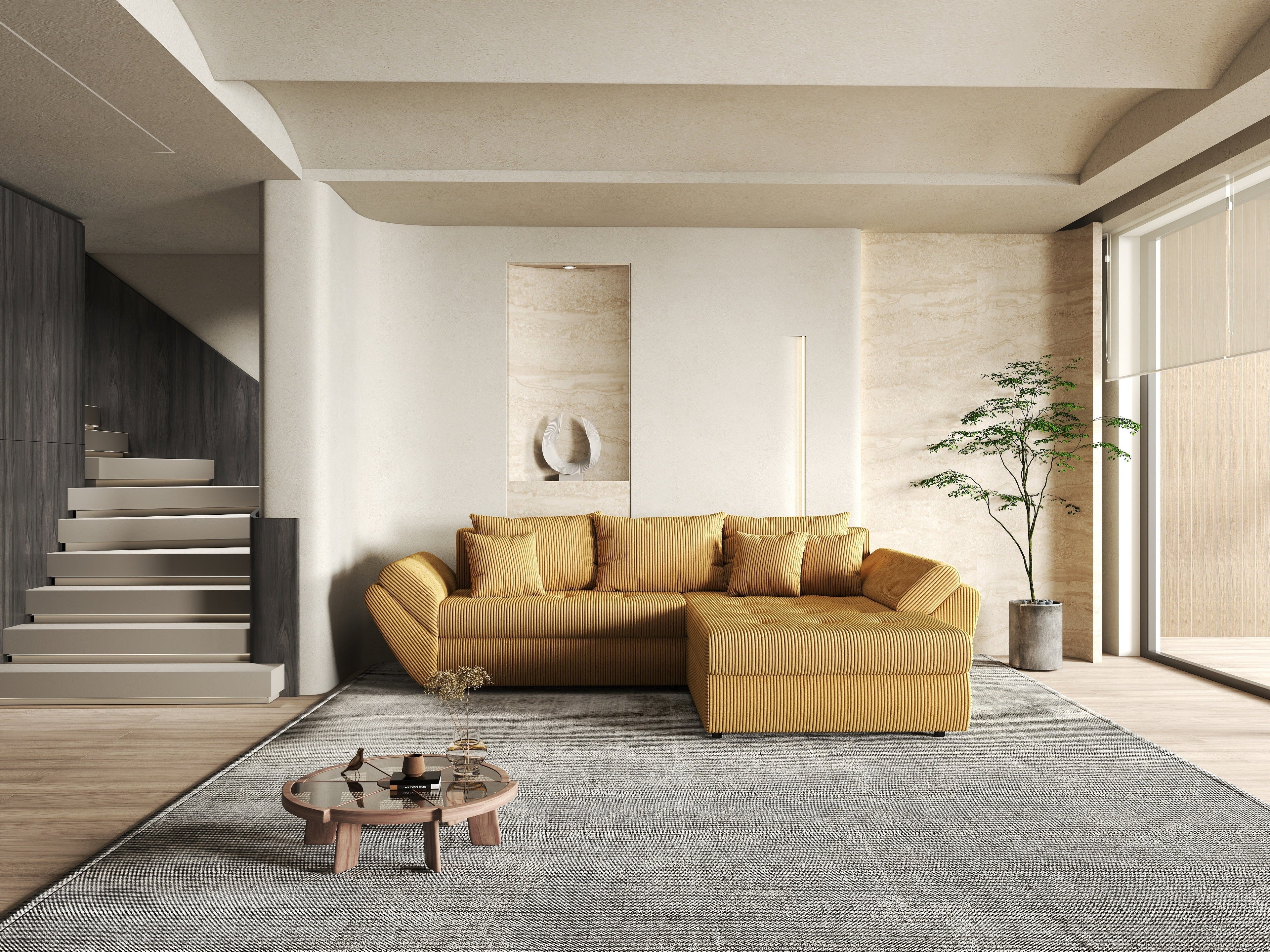 Colțar extensibil dumonde cu ladă de depozitare si sezut confortabil din spuma high-density, Loana Zoom Mustar II 270x185 cm